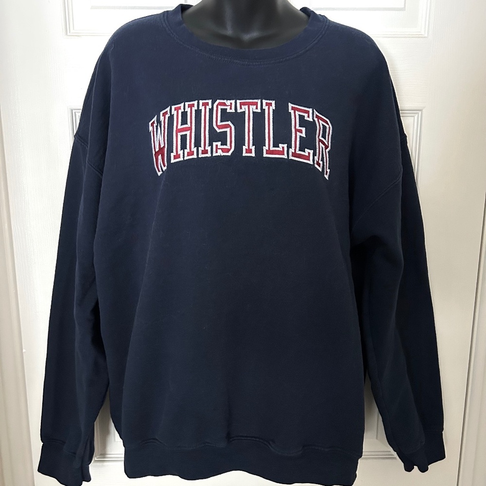 Vintage 90s WHISTLER Canada Sweatshirt Navy Blue Embroidered Spellout XL Gildan